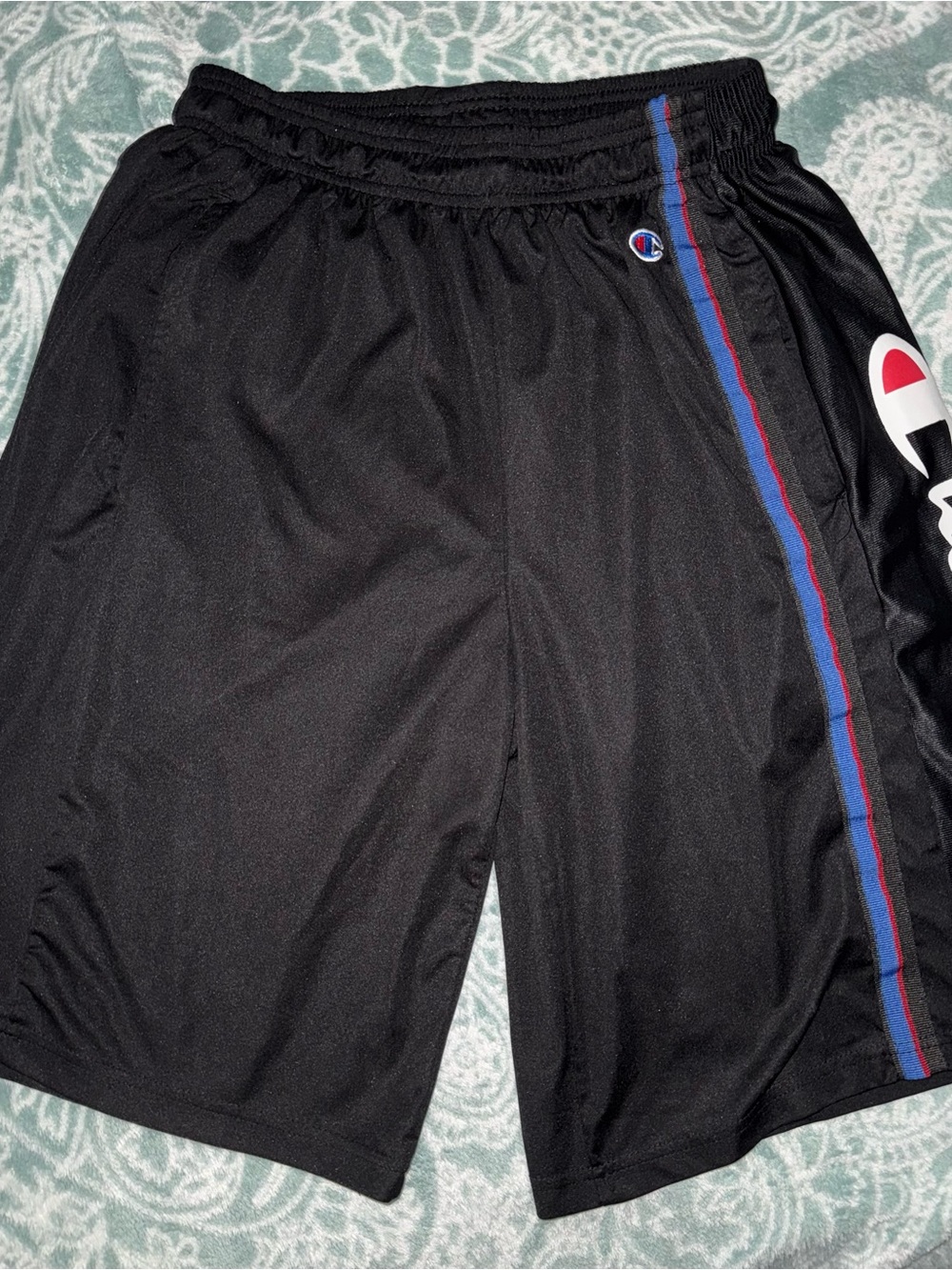 Champion Black Athletic Shorts with Blue & Red Side Stripe